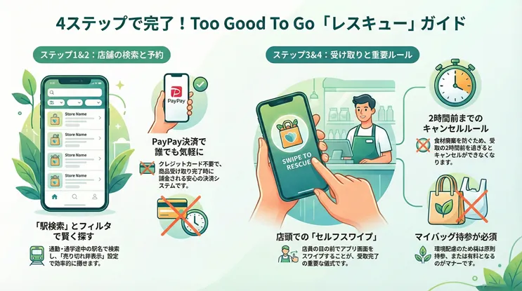 Too Good To Goアプリの使い方4ステップガイド。駅検索やPayPay決済による予約、店頭でのセルフスワイプ、2時間前キャンセル規定、マイバッグ持参など、レスキュー(購入)の流れと重要ルールを解説したイラスト図解。