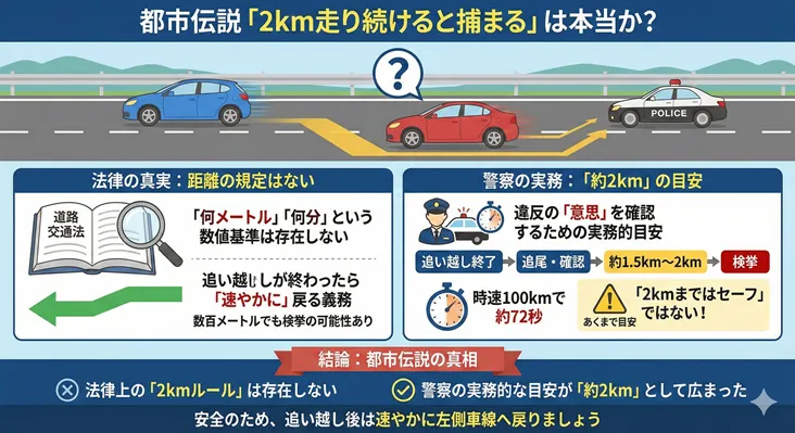 図解:追い越し車線を2km走り続けると捕まる都市伝説の真偽。道路交通法の規定(距離の定めなし)と警察の取り締まり実務(約1.5km〜2kmの追尾目安)の違いを比較解説。通行帯違反の基準と注意点。