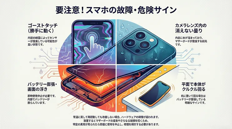 スマホの故障・危険サイン4選の解説図:勝手に動くゴーストタッチ、カメラレンズ内の消えない曇り、バッテリー膨張による画面の浮き、平面で本体がクルクル回る現象。内部結露やマザーボード腐食、水没の前兆として修理検討を促す警告一覧