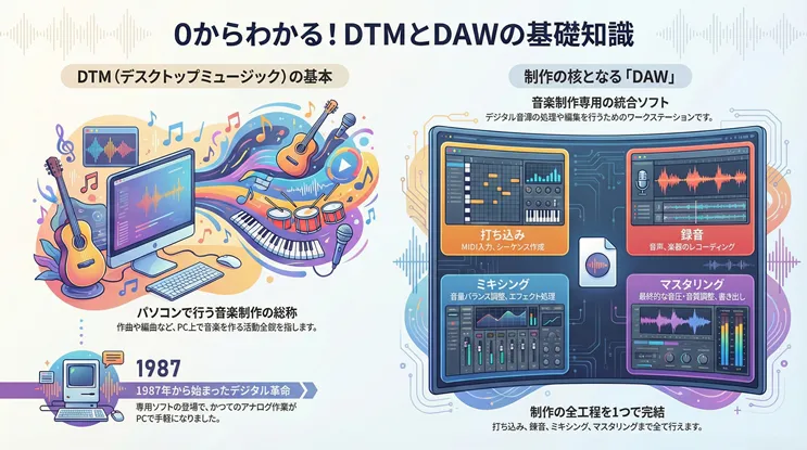 0からわかる!DTMとDAWの基礎知識のインフォグラフィック。左側ではDTM(デスクトップミュージック)について、パソコンで行う音楽制作の総称であり、1987年のデジタル革命から始まった歴史を解説。右側では制作の核となるDAW(音楽制作専用の統合ソフト)について説明し、打ち込み(MIDI入力)、録音(レコーディング)、ミキシング(音量調整)、マスタリングという制作の全工程を1つのソフトで完結できることを画面イメージと共に紹介。