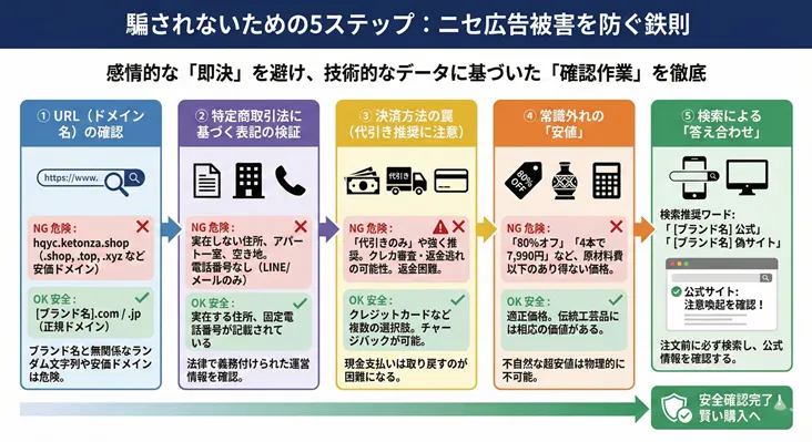 ニセ広告被害を防ぐ5つの鉄則:URLドメイン確認、特定商取引法の表記、決済方法、価格の妥当性、検索確認による詐欺サイトの見分け方。危険なNG例(ランダムなURL文字列、住所・電話番号なし、代引きのみ、80%オフ等の異常な安値)と安全なOK例を比較解説した対策フローチャート