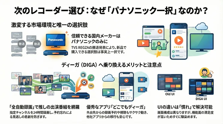 パナソニックのブルーレイレコーダー「DIGA(ディーガ)」への乗り換えメリットを解説したインフォグラフィック。ソニーやTVS REGZA(旧東芝)の市場撤退・縮小を受け、信頼できる国内メーカーとしてパナソニック一択であることを強調。全自動録画機能、外出先から視聴・予約ができるスマホアプリ「どこでもディーガ」の利便性、他社UIからの移行のしやすさについて紹介しています。