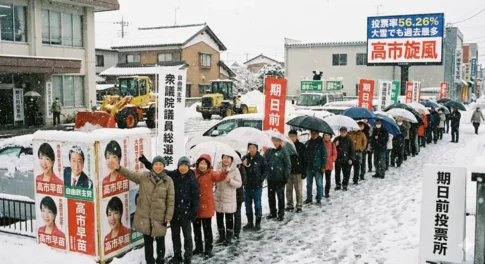 大雪の中で衆議院議員総選挙の期日前投票所に並ぶ有権者の長い行列。自民党の高市早苗氏の選挙ポスターや幟(のぼり)が並び、背景の電光掲示板には「投票率56.26%」「高市旋風」の文字が表示されている冬の選挙風景。