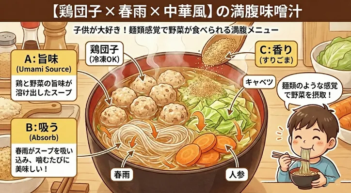 【鶏団子×春雨×中華風】の満腹味噌汁の解説イラスト。鶏肉と野菜の旨味が溶け出したスープ、味の染みた春雨、キャベツ、人参、すりごまが入った、子供が麺類感覚で野菜をたっぷり食べられるレシピ紹介。冷凍鶏団子の活用も提案。