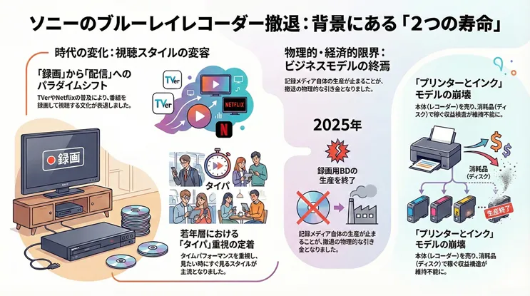 ソニーのブルーレイレコーダー撤退の理由を解説した図解。「2つの寿命」として、TVerやNetflixなどの動画配信普及による「録画から配信へ」の視聴スタイル変化と、タイパ重視の若年層の傾向を説明。また、2025年の録画用BD(ブルーレイディスク)生産終了に伴う物理的限界と、本体販売後に消耗品(ディスク)で稼ぐ「プリンターとインク型ビジネスモデル」の崩壊を、インフォグラフィックで詳細に図示しています。