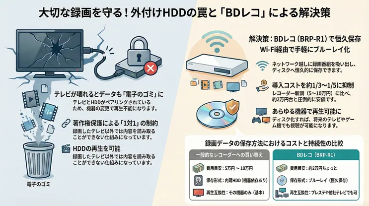 外付けHDD録画のデメリットとBDレコーダー「BRP-R1」の比較図。テレビ故障による録画データ消失リスク(電子のゴミ化)を解説し、Wi-Fi経由でブルーレイに恒久保存できるBRP-R1の低コスト・高互換性というメリットを紹介。