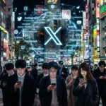 「夜の繁華街でスマートフォンを見つめる群衆の頭上に浮かび上がる、X(旧Twitter)を中心としたSNSの巨大なデジタルネットワーク。SNSを通じたインフルエンス・オペレーションや情報操作が、人々の日常に無意識に浸透している様子を表したイメージ画像。」