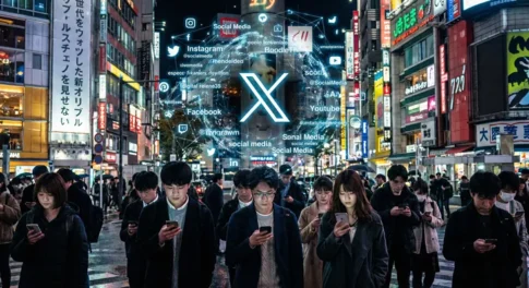 「夜の繁華街でスマートフォンを見つめる群衆の頭上に浮かび上がる、X(旧Twitter)を中心としたSNSの巨大なデジタルネットワーク。SNSを通じたインフルエンス・オペレーションや情報操作が、人々の日常に無意識に浸透している様子を表したイメージ画像。」