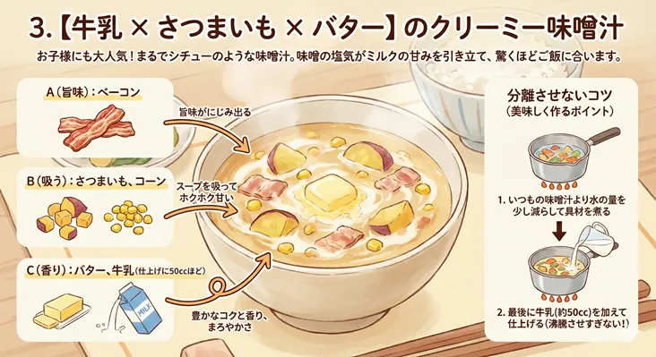 【牛乳×さつまいも×バター】のクリーミー味噌汁のレシピ図解。ベーコンの旨味、さつまいもとコーンの甘み、バターのコクを活かしたシチューのような味噌汁。分離させないコツとして、水の量を減らして煮込み、仕上げに牛乳50ccを加えて沸騰させすぎない手順がイラストで解説されています。