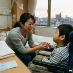 デュシェンヌ型筋ジストロフィーの治療薬エレビディス(Elevidys)の保険適用を待つ家族の情景。病室で車椅子に乗る男の子の手を握り、涙を流す母親。手前には山積みの医療書類と日本の健康保険証が置かれており、高額な医療費負担や承認手続きの壁に直面する切実な現実を表している。