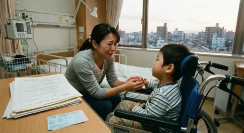 デュシェンヌ型筋ジストロフィーの治療薬エレビディス(Elevidys)の保険適用を待つ家族の情景。病室で車椅子に乗る男の子の手を握り、涙を流す母親。手前には山積みの医療書類と日本の健康保険証が置かれており、高額な医療費負担や承認手続きの壁に直面する切実な現実を表している。