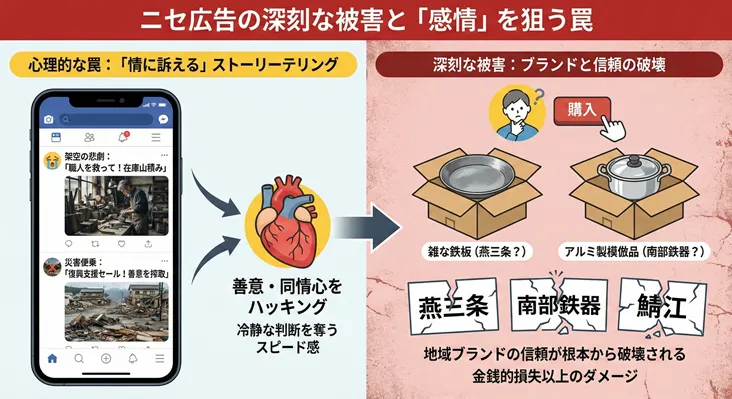 ニセ広告の被害図解:左側は「情に訴える」心理的罠。スマホ画面で「職人を救って(架空の悲劇)」や「復興支援セール(災害便乗)」などのストーリーで善意・同情心をハッキングする手口を示す。右側はブランドと信頼の破壊。購入者に届くのは燕三条や南部鉄器を騙る「雑な鉄板」や「アルミ製模倣品」。結果として燕三条・南部鉄器・鯖江といった地域ブランドの看板が割れ、金銭的損失以上に信頼が根本から破壊される様子を描写。