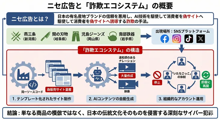 ニセ広告と「詐欺エコシステム」の概要図。燕三条・関の刃物・南部鉄器など日本の有名産地ブランドを悪用し、AI技術で偽サイトへ誘導する手口を解説。SNS(Facebook/Instagram/TikTok/X)を入り口とし、1.偽サイトの大量量産、2.AIによる映像・ナレーション自動生成、3.アカウント停止と再開を繰り返す「いたちごっこ」の組織的運用という3段階のサイバー犯罪構造を可視化している。