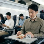 「飛行機の機内でナッツアレルギーへの配慮を示すイメージ。男性乗客のトレイテーブルに置かれたミックスナッツと、飲食制限を意味するバツ印のマーク」