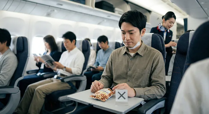 「飛行機の機内でナッツアレルギーへの配慮を示すイメージ。男性乗客のトレイテーブルに置かれたミックスナッツと、飲食制限を意味するバツ印のマーク」