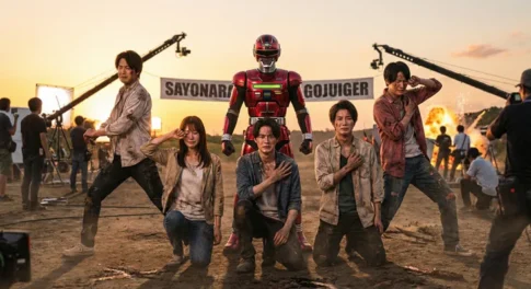 特撮番組『ゴジュウジャー』の最終回撮影現場。涙を流す5人のキャストと中央に立つ赤いメタルヒーロー、背景の「SAYONARA GOJUIGER」の横断幕と爆発シーンの舞台裏。