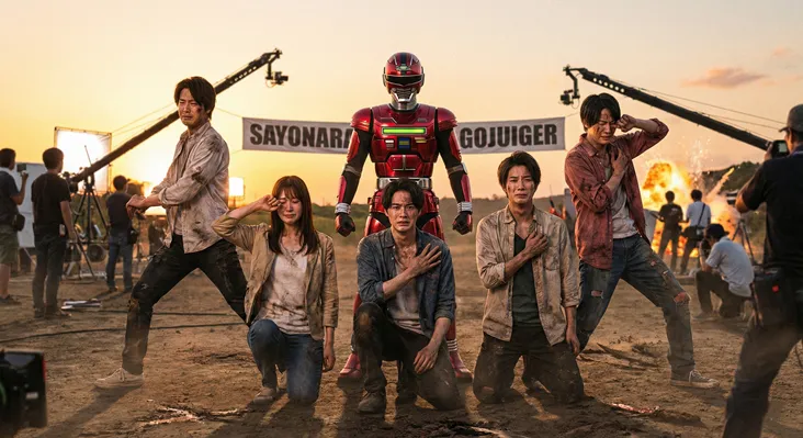 特撮番組『ゴジュウジャー』の最終回撮影現場。涙を流す5人のキャストと中央に立つ赤いメタルヒーロー、背景の「SAYONARA GOJUIGER」の横断幕と爆発シーンの舞台裏。