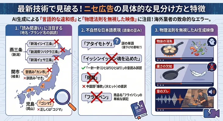 最新技術で見破る!ニセ広告の具体的な見分け方と特徴。AI生成による「言語的な違和感」と「物理法則を無視した映像」に注目し、海外業者の致命的なエラーを3点で解説したインフォグラフィック。1.「読み間違い」に注目する:地名・ブランド名の誤読例として、燕三条(新潟)を「新潟イシイ三条」「ツバクラ三条」、関市(岐阜)を音読みで「カン市」、児島(岡山)を「ゴシマ」と呼ぶケースを図解。2.不自然な日本語表現(語彙の歪み):謎の単語「アタイモトゲ」、一針一針の音読み誤認「イッシンイッスン魂」、中国語の直訳で大ヒットを意味する「爆発」、フライパンの誤記「フライベン」などの事例。3.物理法則を無視したAI生成映像:調理中の物体の消失、重さの欠如、鍛冶作業の音のズレなど、ディープフェイク特有の違和感を例示。