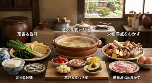 土鍋に入った味噌汁を囲む、3つのカテゴリーに分けられた豊富な味噌汁の具材一覧。左側には「定番&旨味」として長ネギ、わかめ、油揚げ、豆腐、煮干し。中央には「意外&変わり種」としてミニトマト、ベーコン、チーズ、コーン、アボカド。右側には「栄養満点&おかず」としてさつまいも、しいたけ、しめじ、大根、豚バラ肉、卵が並ぶ、和食の献立案。