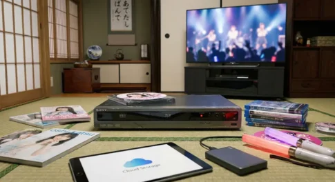 畳の上に置かれたソニー(SONY)のブルーレイレコーダーと、アイドルのBD・雑誌・ペンライト等の推し活グッズ。手前には録画データの保存先を象徴する外付けHDDとクラウドストレージ画面のタブレット、背景にはライブ映像が流れるテレビがある様子。