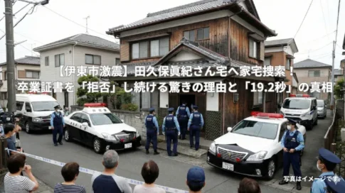 伊東市激震、田久保眞紀さん宅へ家宅捜索の記事サムネイル。「卒業証書を拒否し続ける驚きの理由と19.2秒の真相」という見出し。静岡県警のパトカーと警察官が民家で捜査を行う様子のイメージ写真
