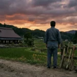 夕暮れのDASH村風の里山と古民家を見つめる作業着姿の男性の後しか。TOKIO松岡昌宏の『鉄腕DASH』卒業・脱退の噂の真相や、リーダー城島茂の番組継続への決意を象徴するイメージ画像