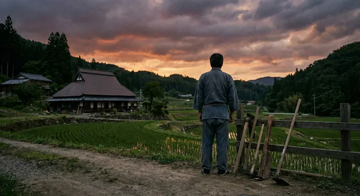 夕暮れのDASH村風の里山と古民家を見つめる作業着姿の男性の後しか。TOKIO松岡昌宏の『鉄腕DASH』卒業・脱退の噂の真相や、リーダー城島茂の番組継続への決意を象徴するイメージ画像