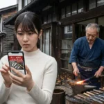 燕三条ブランドを騙るSNSの激安詐欺広告をスマホで怪訝そうに見る女性と、背景で本物の包丁を鍛造する鍛冶職人