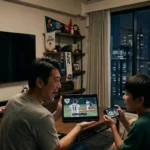 東京の夜景が見えるリビングで、2026年WBCの応援グッズに囲まれながら、タブレットやスマホを使ってNetflixで野球の試合を観戦して盛り上がる3人家族