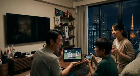 東京の夜景が見えるリビングで、2026年WBCの応援グッズに囲まれながら、タブレットやスマホを使ってNetflixで野球の試合を観戦して盛り上がる3人家族