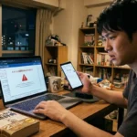 夜のアパートで、デスクに向かい深刻な表情を浮かべる日本人男性。デスク上のパソコン画面には、ブラウザの「2ちゃんねる」サイト上に、赤い警告アイコンとともに「2ちゃんねるの利用が停止されました」「法的措置について」「緊急」と書かれた警告ウィンドウが表示されている。男性は左手にスマートフォンを持ち、Google検索画面を確認している。デスクには「2ちゃんねる用語辞典」というタイトルの書籍、猫のイラスト入りマグカップ、小さなフィギュア、お菓子が置かれている。背景には漫画や書籍が詰まった本棚と、夜景の見える窓がある。ネットトラブルに直面した緊迫した場面。