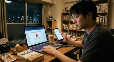 夜のアパートで、デスクに向かい深刻な表情を浮かべる日本人男性。デスク上のパソコン画面には、ブラウザの「2ちゃんねる」サイト上に、赤い警告アイコンとともに「2ちゃんねるの利用が停止されました」「法的措置について」「緊急」と書かれた警告ウィンドウが表示されている。男性は左手にスマートフォンを持ち、Google検索画面を確認している。デスクには「2ちゃんねる用語辞典」というタイトルの書籍、猫のイラスト入りマグカップ、小さなフィギュア、お菓子が置かれている。背景には漫画や書籍が詰まった本棚と、夜景の見える窓がある。ネットトラブルに直面した緊迫した場面。
