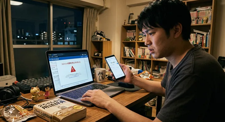 夜のアパートで、デスクに向かい深刻な表情を浮かべる日本人男性。デスク上のパソコン画面には、ブラウザの「2ちゃんねる」サイト上に、赤い警告アイコンとともに「2ちゃんねるの利用が停止されました」「法的措置について」「緊急」と書かれた警告ウィンドウが表示されている。男性は左手にスマートフォンを持ち、Google検索画面を確認している。デスクには「2ちゃんねる用語辞典」というタイトルの書籍、猫のイラスト入りマグカップ、小さなフィギュア、お菓子が置かれている。背景には漫画や書籍が詰まった本棚と、夜景の見える窓がある。ネットトラブルに直面した緊迫した場面。