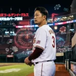 楽天イーグルスの浅村栄斗選手とカジノのルーレットやトランプが合成されたイメージ画像。夜の楽天モバイルパーク宮城を背景に、背番号3のユニフォーム姿の浅村選手と浮遊するカジノチップや紙幣が描かれている。