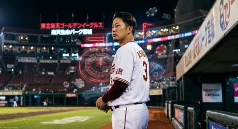 楽天イーグルスの浅村栄斗選手とカジノのルーレットやトランプが合成されたイメージ画像。夜の楽天モバイルパーク宮城を背景に、背番号3のユニフォーム姿の浅村選手と浮遊するカジノチップや紙幣が描かれている。