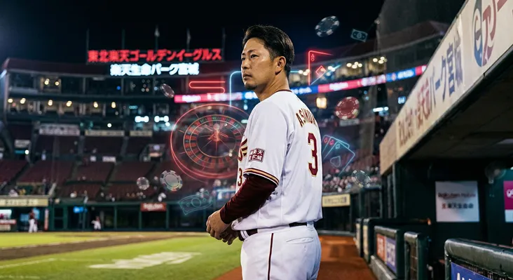 楽天イーグルスの浅村栄斗選手とカジノのルーレットやトランプが合成されたイメージ画像。夜の楽天モバイルパーク宮城を背景に、背番号3のユニフォーム姿の浅村選手と浮遊するカジノチップや紙幣が描かれている。
