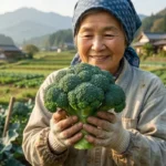 新たに指定野菜となったブロッコリー。日本の伝統的な農村風景の畑で、収穫したばかりの大きく新鮮なブロッコリーを両手で持ち、笑顔を見せる熟練の女性農家