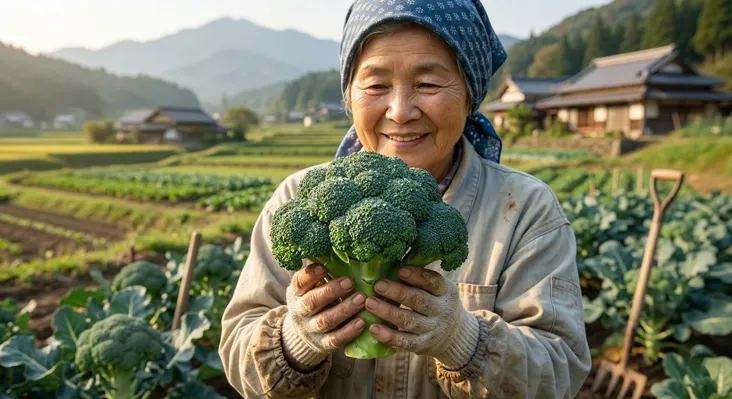 新たに指定野菜となったブロッコリー。日本の伝統的な農村風景の畑で、収穫したばかりの大きく新鮮なブロッコリーを両手で持ち、笑顔を見せる熟練の女性農家