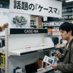 半導体不足と物流遅延の影響で品切れとなり、「次回入荷未定」となっている話題の製品「ケースマ(CASE-MA)」の空の陳列棚を見つめる男性客