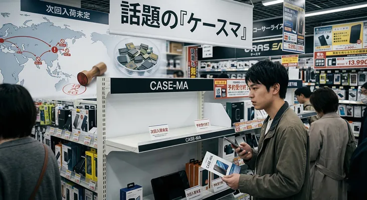 半導体不足と物流遅延の影響で品切れとなり、「次回入荷未定」となっている話題の製品「ケースマ（CASE-MA）」の空の陳列棚を見つめる男性客