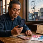2026年3月31日のドコモ3G(FOMA)サービス終了を前に、キャンペーンチラシを見ながらガラケーからスマホへの乗り換えを検討しているシニア男性