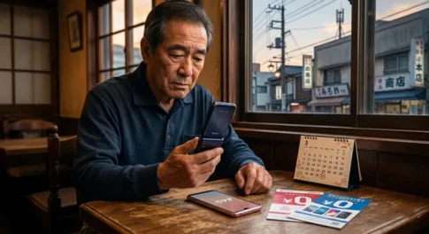 2026年3月31日のドコモ3G(FOMA)サービス終了を前に、キャンペーンチラシを見ながらガラケーからスマホへの乗り換えを検討しているシニア男性