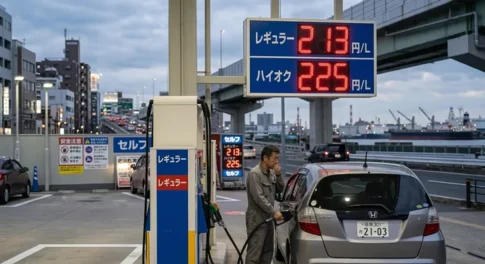 「レギュラー213円、ハイオク225円と200円を超えた価格を表示するガソリンスタンドの看板と、車に給油する男性。ガソリン価格高騰の将来予測イメージ」