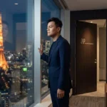 J.Y. ParkがJYPエンターテインメント代表を辞任する理由を暗示するイメージ。東京タワーの夜景を望むオフィスで、TWICEやNiziUの功績を背に窓の外を見つめる姿。