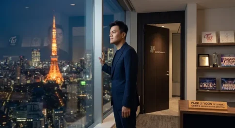 J.Y. ParkがJYPエンターテインメント代表を辞任する理由を暗示するイメージ。東京タワーの夜景を望むオフィスで、TWICEやNiziUの功績を背に窓の外を見つめる姿。