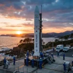 和歌山県串本町のスペースポート紀伊にて、発射台に設置されたスペースワンの小型ロケット「カイロス(KAIROS)」初号機。夕暮れの海岸線を背景に、青い作業服を着た運用チームが打ち上げ準備を行う様子。