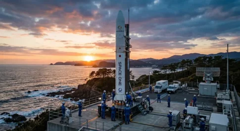 和歌山県串本町のスペースポート紀伊にて、発射台に設置されたスペースワンの小型ロケット「カイロス(KAIROS)」初号機。夕暮れの海岸線を背景に、青い作業服を着た運用チームが打ち上げ準備を行う様子。