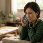 ナビダイヤルの通話料値上げに不安を感じ、自宅のリビングでスマートフォンから問い合わせの電話をかけながら困惑する中高年女性