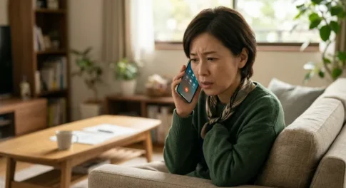 ナビダイヤルの通話料値上げに不安を感じ、自宅のリビングでスマートフォンから問い合わせの電話をかけながら困惑する中高年女性