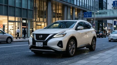 横浜のビル街を背景に停車する、白い日産 新型ムラーノのフロントエクステリア